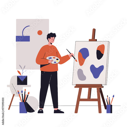 Flat 2D vector illustration depicts a young focused artist holding a palette and brush, intently painting an abstract canvas mounted on an easel in a bright, clean minimalist studio setting.