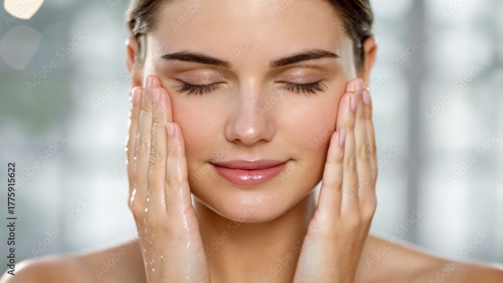 Naklejka premium A woman with closed eyes gently massages her face, conveying a sense of relaxation and skincare routine.