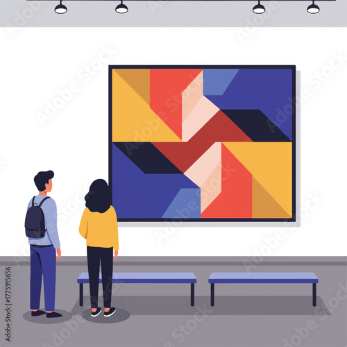 Flat 2D vector illustration showing diverse visitors in a contemporary art gallery, quietly appreciating a large, colorful geometric abstract wall painting near minimalist benches.