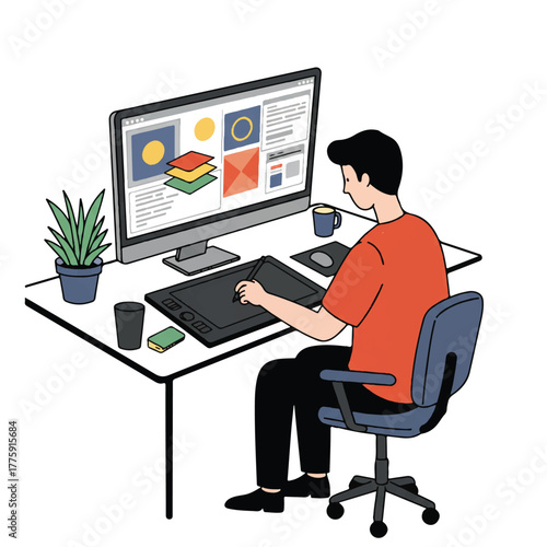 Simplified 2D flat vector illustration showing a creative person drawing colorful graphics on a large digital tablet using a stylus while working comfortably at a modern desk.