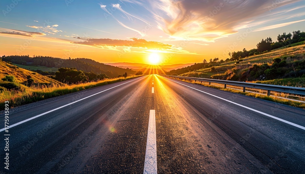 Naklejka premium Endless Open Road Stretching Towards a Fiery Sunset with Golden Light Rays Illuminating the Landscape