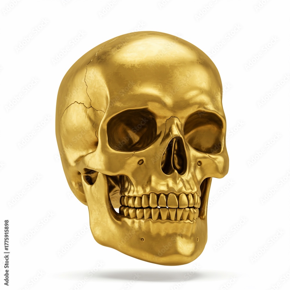 Fototapeta premium Golden human skull with intricate cracks