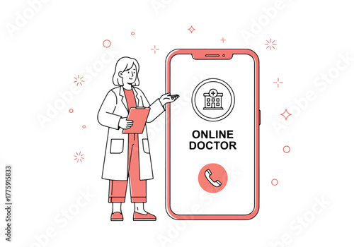 Doctor consults online via smartphone app medical healthcare technology digital visit - Flat Vector Illustration. Colored vector illustration
