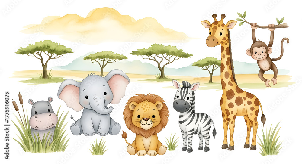 Fototapeta premium Cute safari animals standing together in savanna watercolor