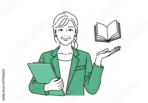 Mature woman holding folder presents open book symbolizing knowledge and education - Flat Vector Illustration. Colored vector illustration