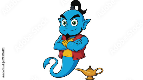 Cartoon genie with crossed arms and a magic lamp