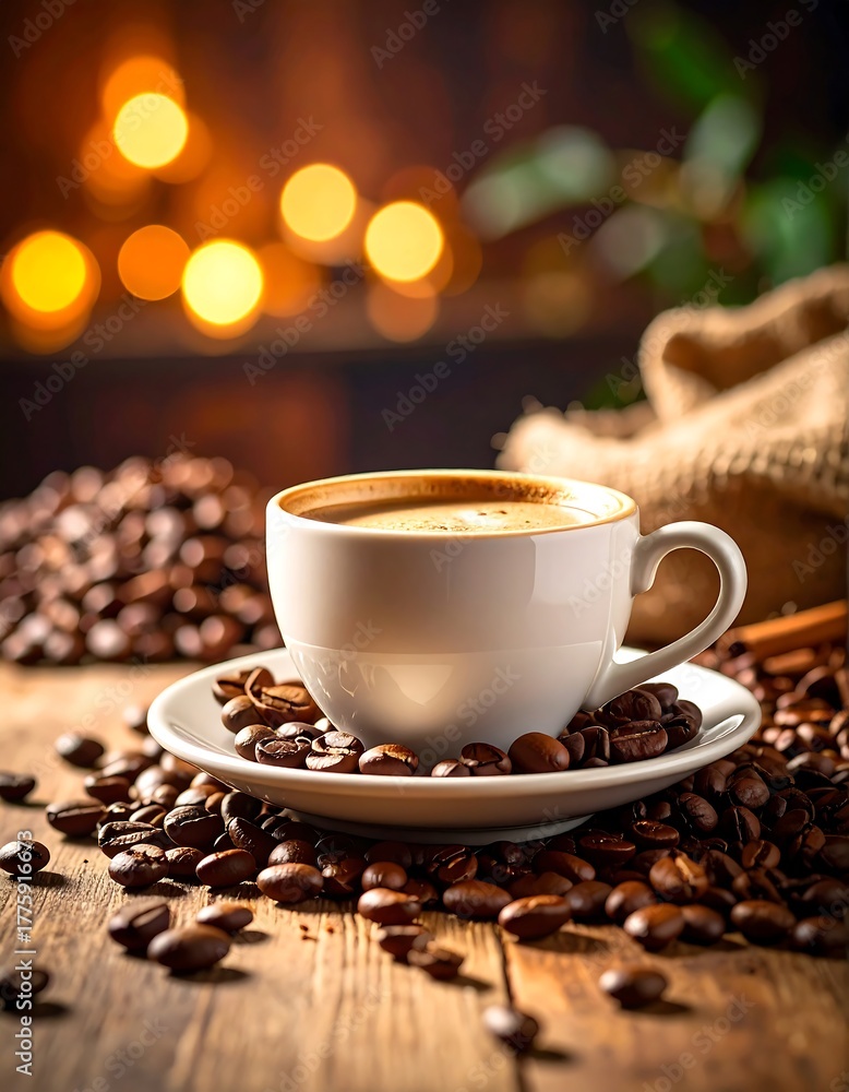Fototapeta premium Cozy coffee still life with cup, beans, warm glow