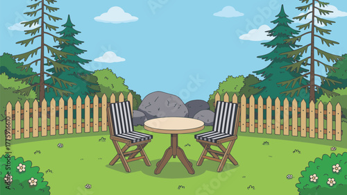 A peaceful garden scene with a table and chairs in a tranquil setting