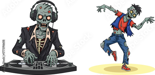 PrintCartoon zombie DJ playing music on turntable with dancing zombie, funny undead party illustration, spooky halloween dance and music artwork