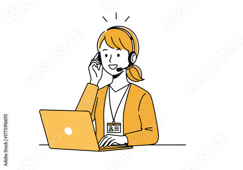 Smiling woman in headset works laptop providing customer service support line - Flat Vector Illustration. Colored vector illustration