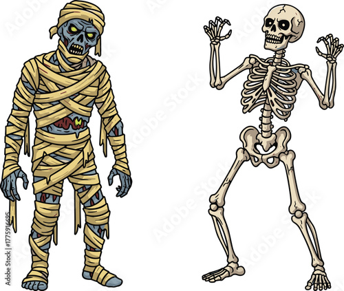 PrintCreepy cartoon mummy and skeleton characters, horror undead monsters illustration, spooky Halloween art design, scary ancient tomb and bone creature