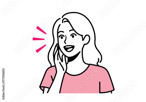 Surprised woman with hand to cheek expressing astonishment and joyful emotion - Flat Vector Illustration. Colored vector illustration