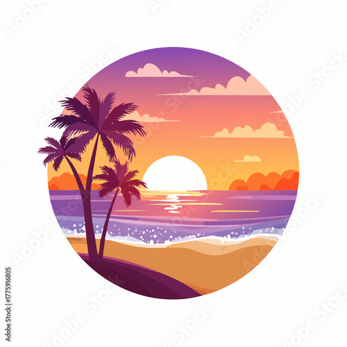 Tropical sunset beach paradise landscape with palm trees, sand, and ocean waves