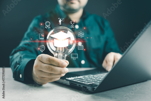 E-learning graduate certificate program concept. man holding lightbulb showing graduation hat. Internet education course degree.