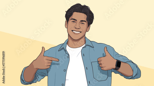 A smiling man pointing at himself with a confident and playful expression