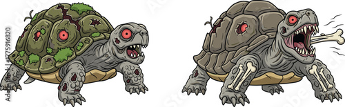 PrintCreepy zombie turtle and undead tortoise with red glowing eyes, horror monster reptile design, spooky Halloween fantasy creature illustration