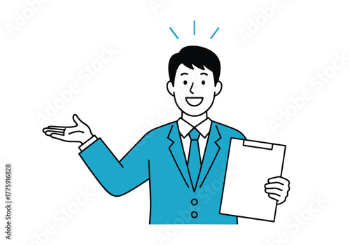 Smiling businessman holding document gesturing openly presenting ideas and opportunities - Flat Vector Illustration. Colored vector illustration