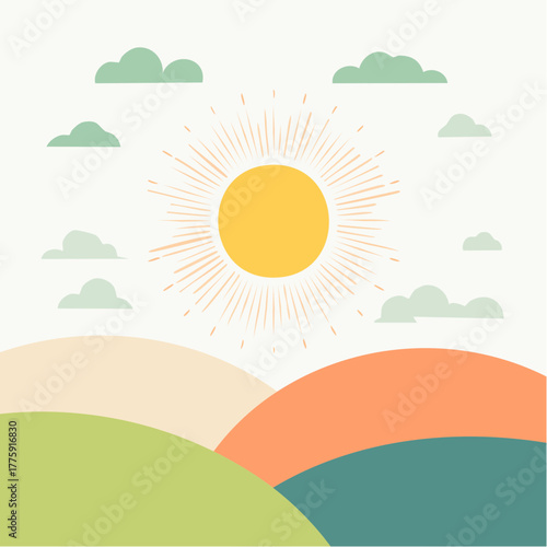 A sunny summer landscape vector illustration of a meadow with grass, flowers, and hills under a bright sky