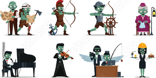 PrintFunny cartoon zombie characters in different professions, undead workers and musicians performing various jobs, Halloween concept illustration for entertainment design
