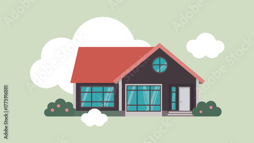 Illustration of a cozy house with a red roof and a round window
