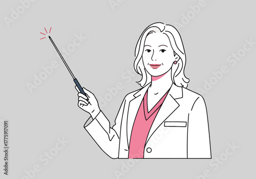 Professional woman in lab coat gesturing with pointer stick presentation expertise and knowledge sharing - Flat Vector Illustration. Colored vector illustration