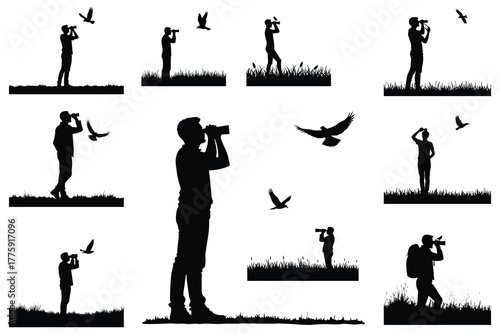 Silhouettes of people using binoculars and cameras observing birds