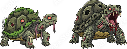 PrintScary zombie turtle and undead tortoise creatures with decayed shells, horror fantasy monster design, creepy Halloween reptile cartoon illustration