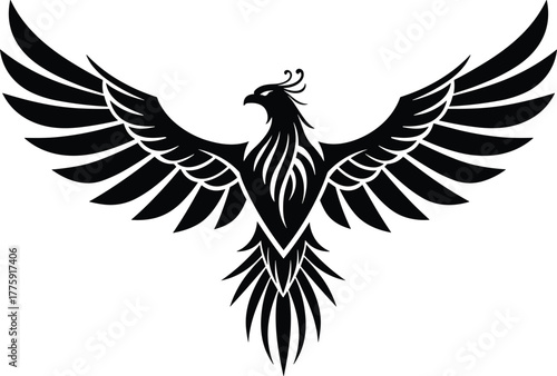 Tribal phoenix bird silhouette, elegant flying firebird tattoo design, mythical creature of rebirth, power, strength, freedom, and transformation symbol.