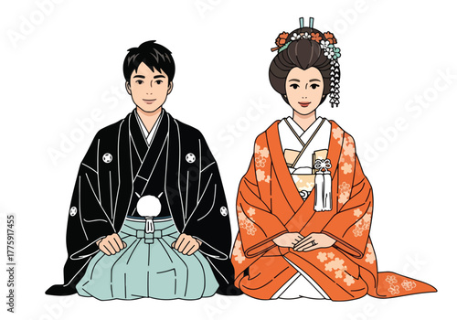 Japanese couple traditional wedding attire kimono formal ceremony celebration couple - Flat Vector Illustration. Colored vector illustration