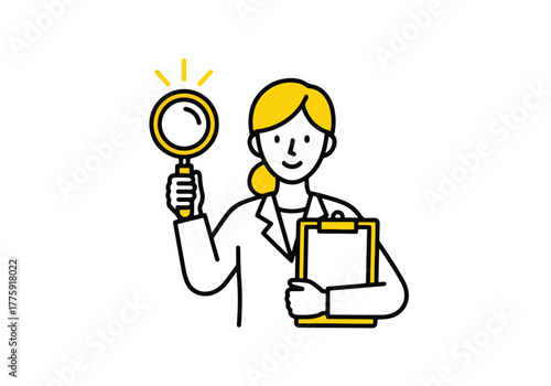 Scientist or researcher with magnifying glass and clipboard examining something closely - Flat Vector Illustration. Colored vector illustration