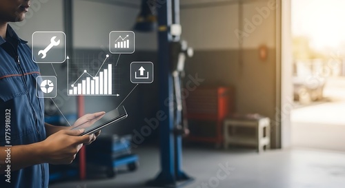 Professional auto technician leveraging a digital tablet with holographic icons for smart diagnostics and data-driven service optimization in a modern repair facility