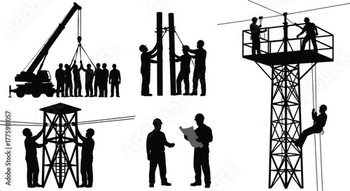 Silhouette vector illustration of workers installing tower structures, climbing poles, guiding cranes, reading blueprints, teamwork, safety, construction, engineering, maintenance, and industry