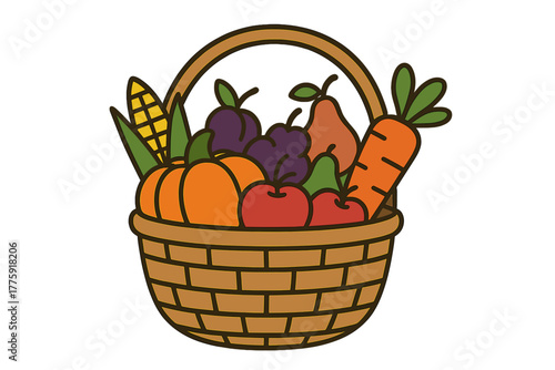 Colorful basket filled with fresh vegetables and fruits harvest basket full