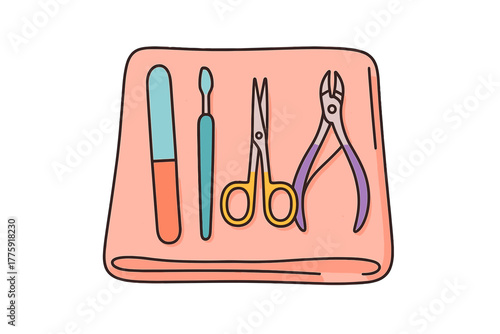 Nail care tools and equipment arranged on pink textile background manicure tools on towel