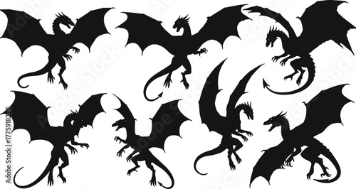 Foto Dragon silhouette collection, flying and roaring fantasy creatures, mythical bea
