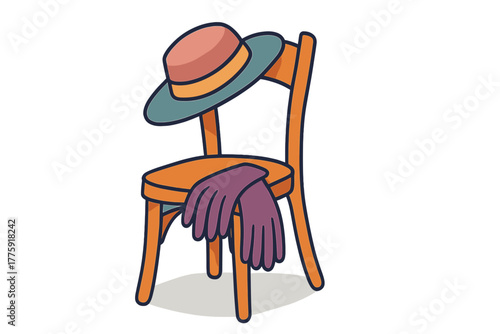 Colorful hat and gloves resting on wooden chair hat and gloves on chair