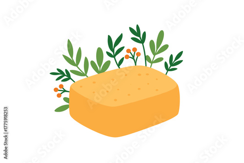 Yellow cheese block with herbs and green leaves around it natural soap bar with herbs
