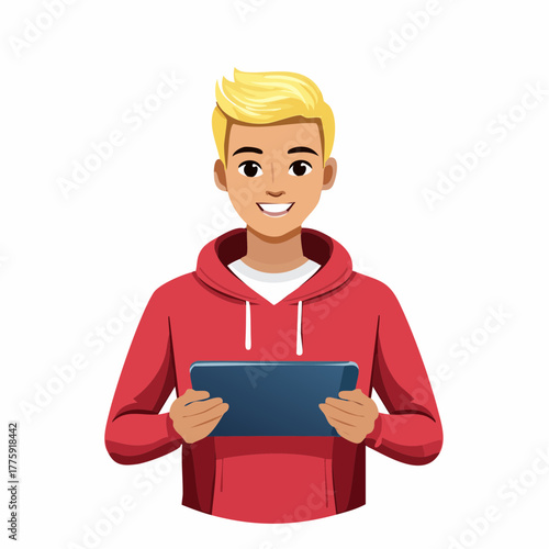 Cartoon Character Using Tablet, Isolated on White