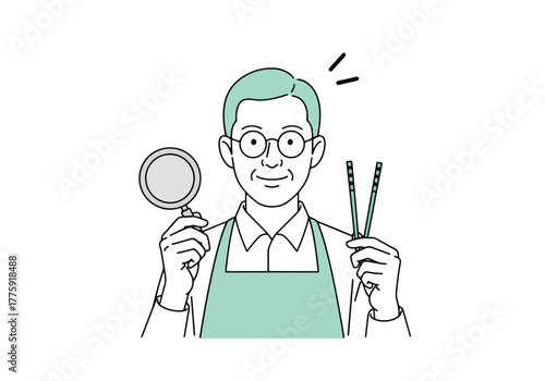 Smiling elderly man in apron holding magnifying glass and tongs ready to cook or serve - Flat Vector Illustration. Colored vector illustration