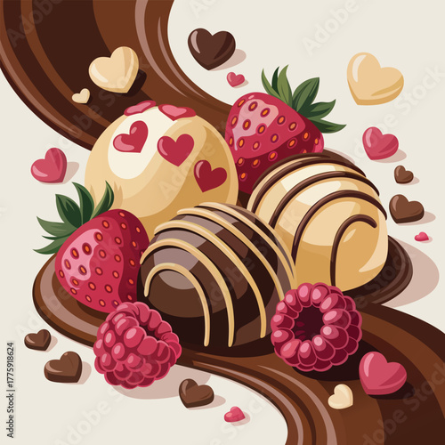 Romantic Chocolate Truffles with Strawberries & Raspberries – Cute Heart Candy Vector Illustration