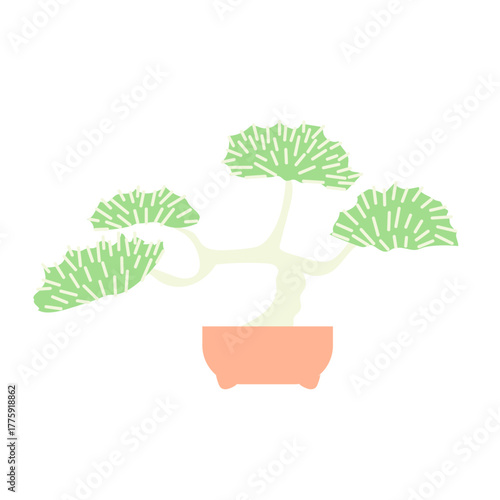 オレンジの鉢に植えられた盆栽のモダンなベクターイラスト｜日本の伝統美と自然の調和を感じさせる静かなデザイン素材