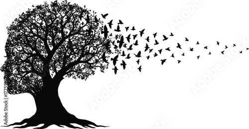 Creative tree head silhouette with flying birds, concept of freedom, nature, mind, imagination, growth, and mental health art