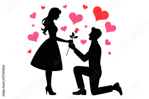 Man proposes with rose to woman surrounded by hearts