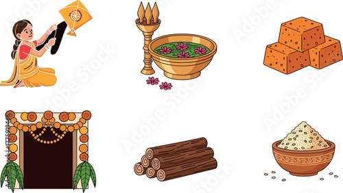 Makar Sankranti festival elements, Indian culture, celebration icons