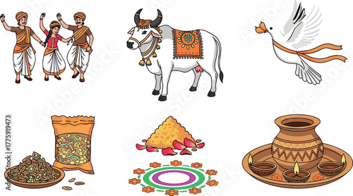 Makar Sankranti Festival Elements: Dance, Cow, Dove, Grains & Diya