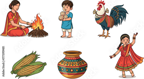 Indian Harvest Festival Icons: Makar Sankranti and Pongal celebration elements