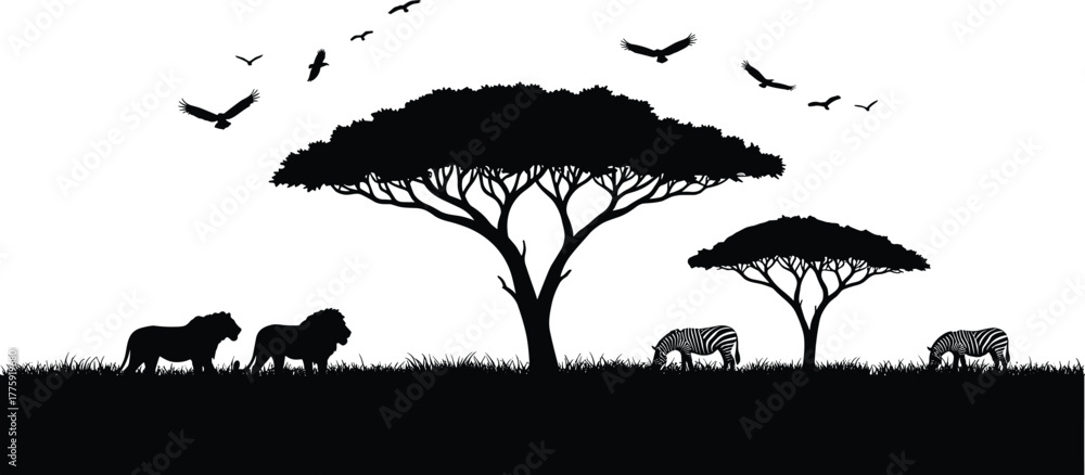 Obraz premium African savanna wildlife landscape silhouette with lions, zebras, trees and flying birds, safari nature illustration design for travel background