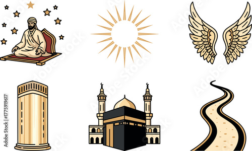 Islamic symbols: Prophet Muhammad, Kaaba, wings, sunburst, tower, path