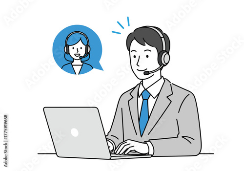 Customer support agent communicating with client online using laptop and headset - Flat Vector Illustration. Colored vector illustration