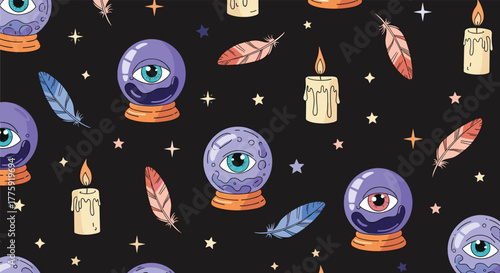 Mystical seamless pattern with all-seeing eye crystal balls, burning candles, colorful feathers, and sparkling stars on a dark background.